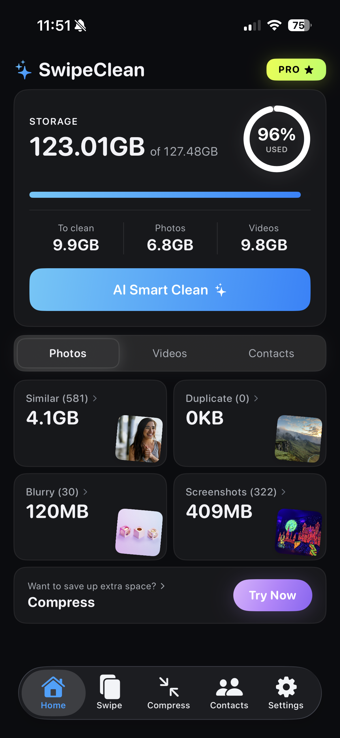 SwipeClean home screen